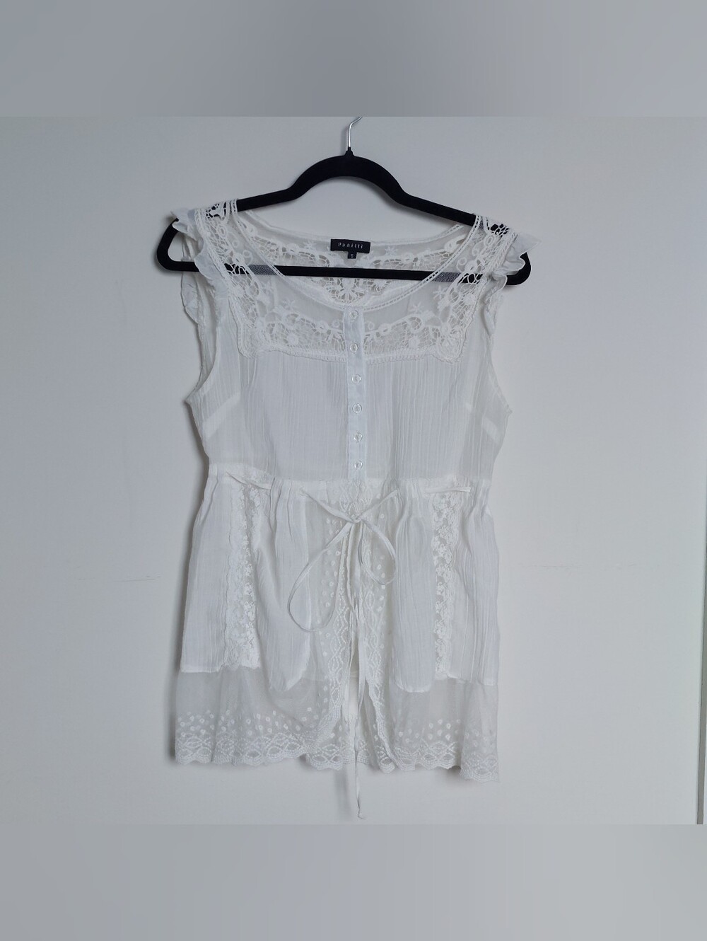 Panitti White Lace-Trim Sleeveless Top - Beachy Tie-Front